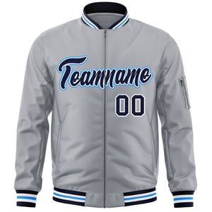 Custom Gray Navy-Powder Blue Varsity Full-Zip Letterman Bomber Jacket