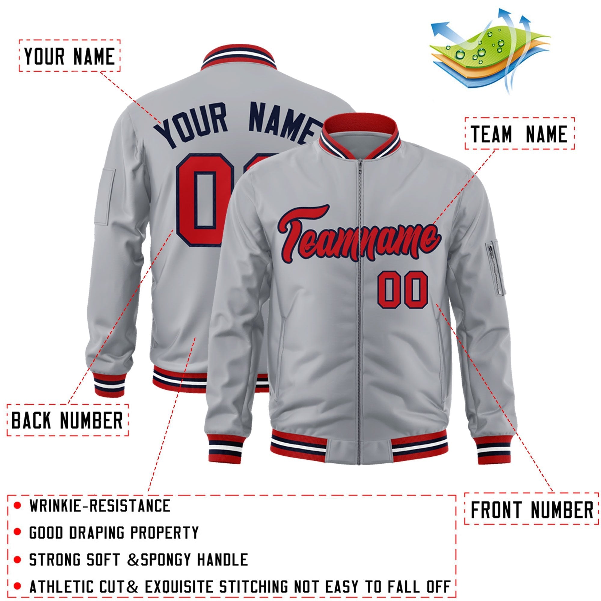 Custom Gray Red-Navy Varsity Full-Zip Letterman Bomber Jacket