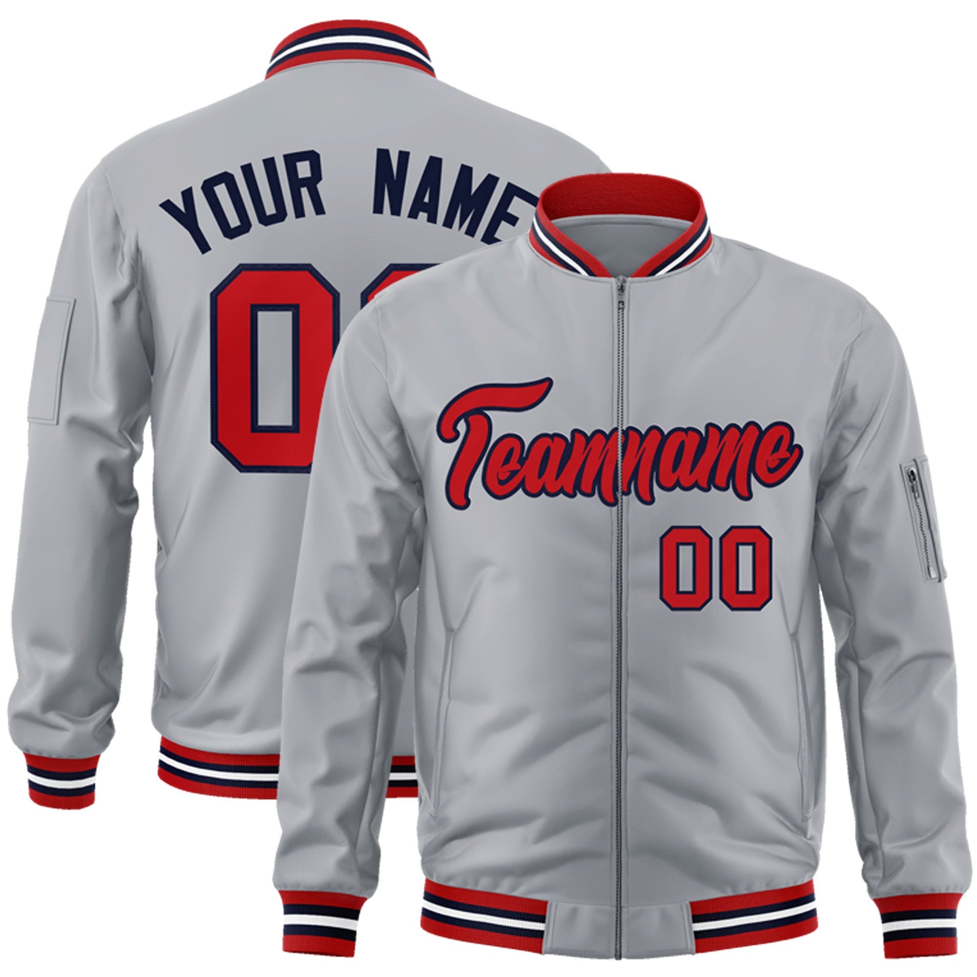 Custom Gray Red-Navy Varsity Full-Zip Letterman Bomber Jacket