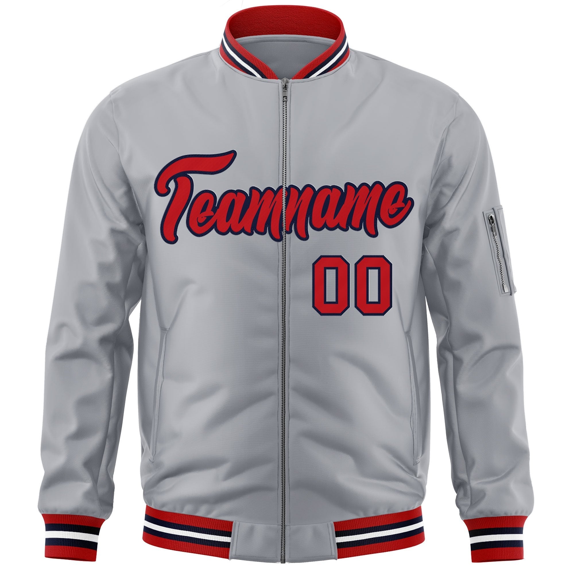 Custom Gray Red-Navy Varsity Full-Zip Letterman Bomber Jacket