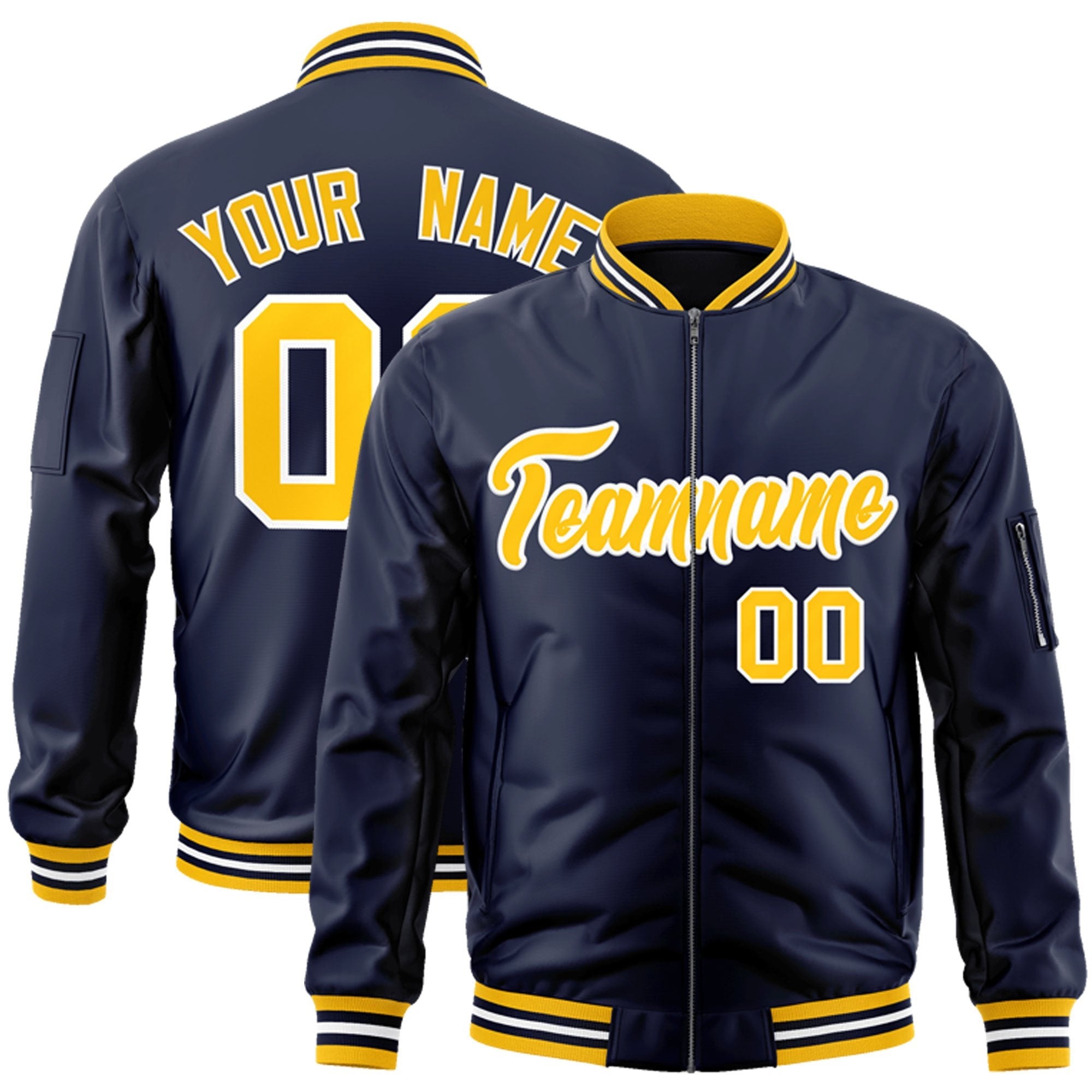 Custom Navy Gold-White Varsity Full-Zip Letterman Bomber Jacket