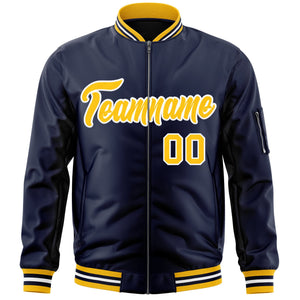 Custom Navy Gold-White Varsity Full-Zip Letterman Bomber Jacket