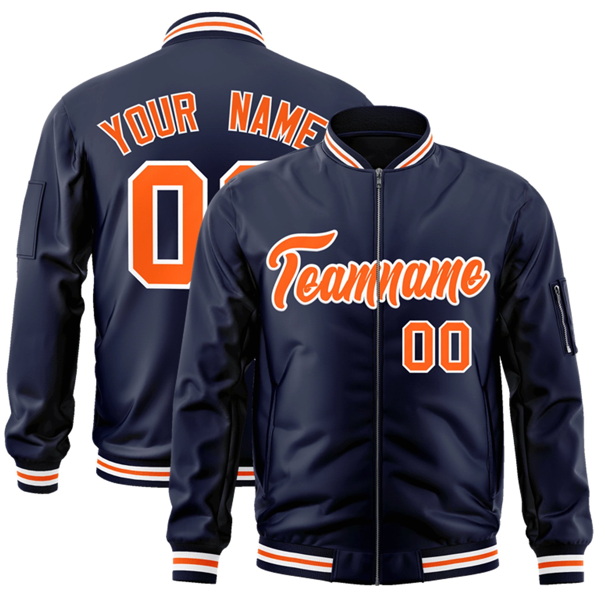 Custom Navy Orange-White Varsity Full-Zip Letterman Bomber Jacket