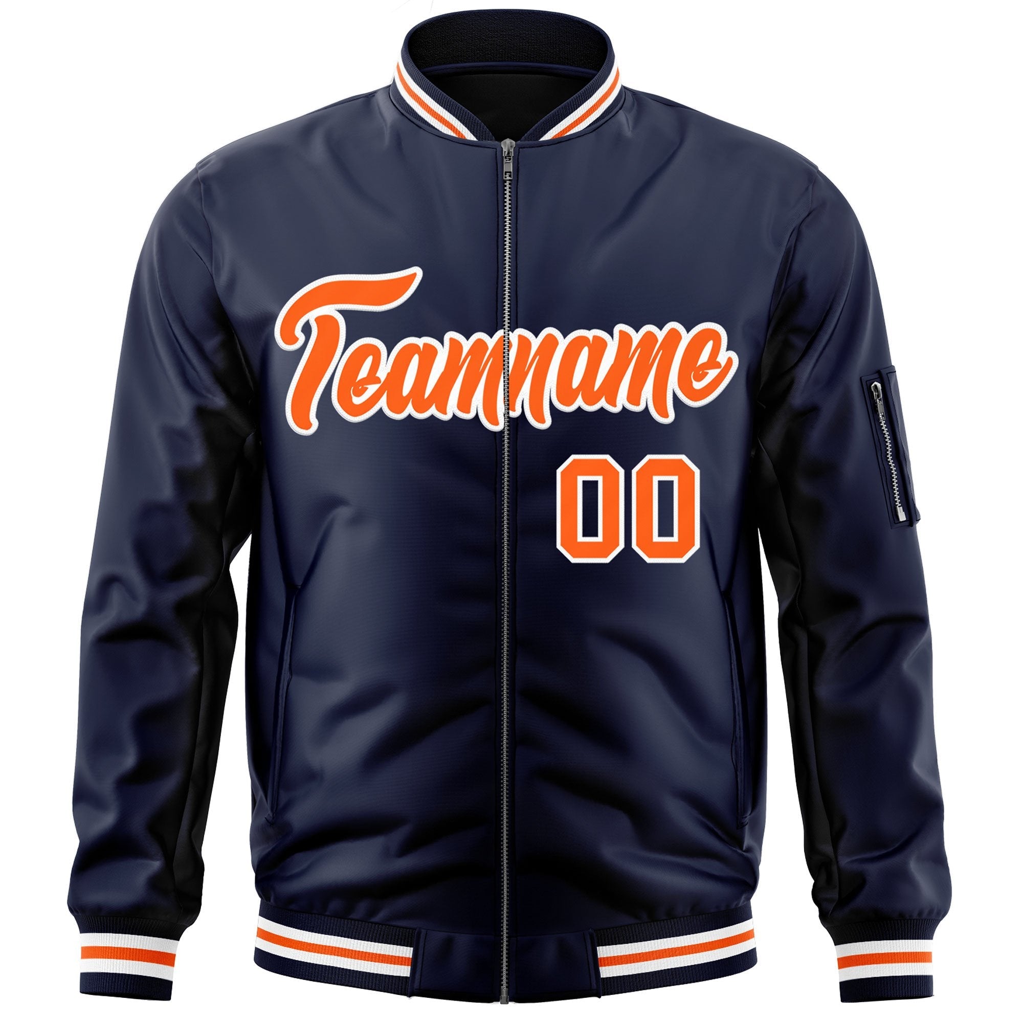 Custom Navy Orange-White Varsity Full-Zip Letterman Bomber Jacket