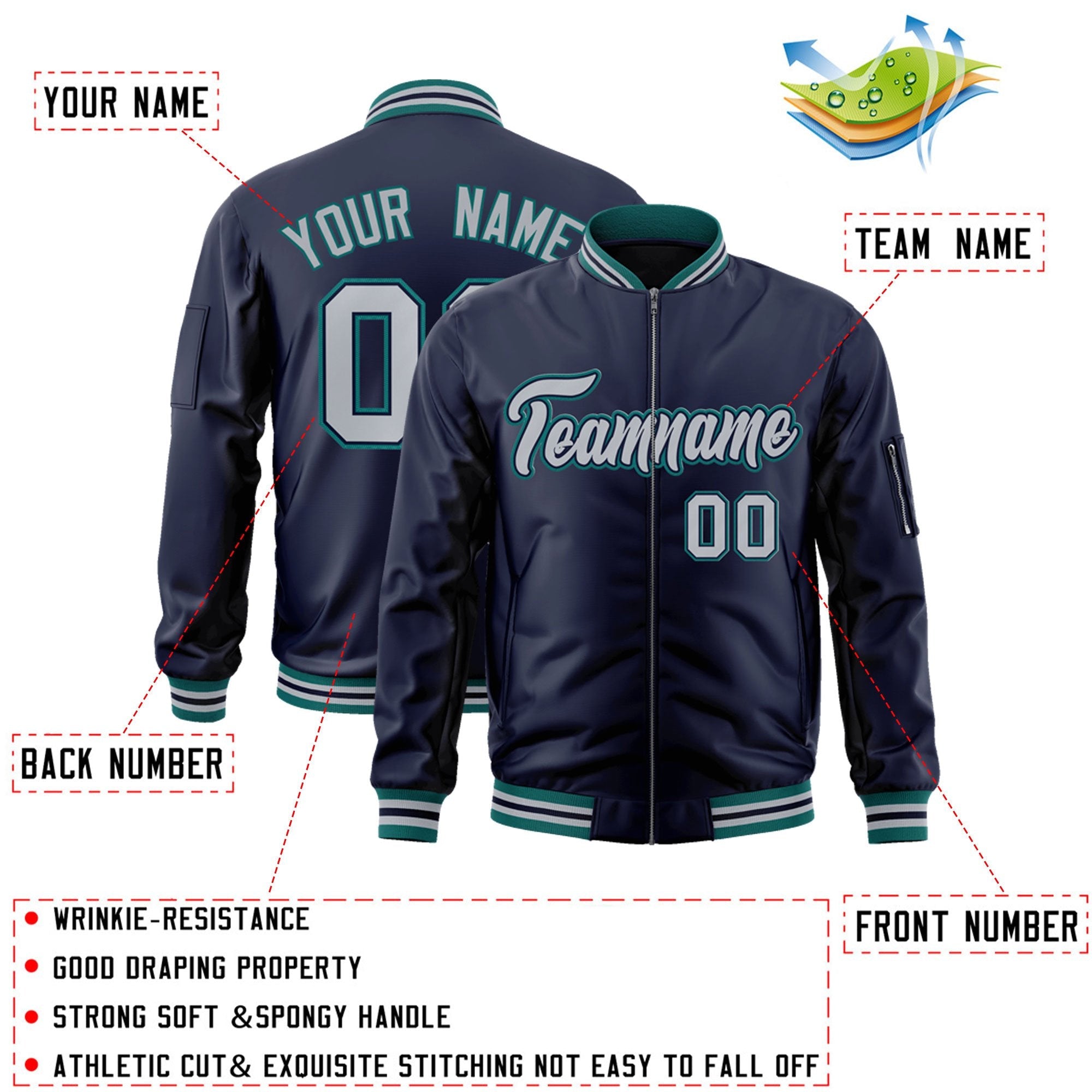 Custom Navy Gray-Aqua Varsity Full-Zip Letterman Bomber Jacket