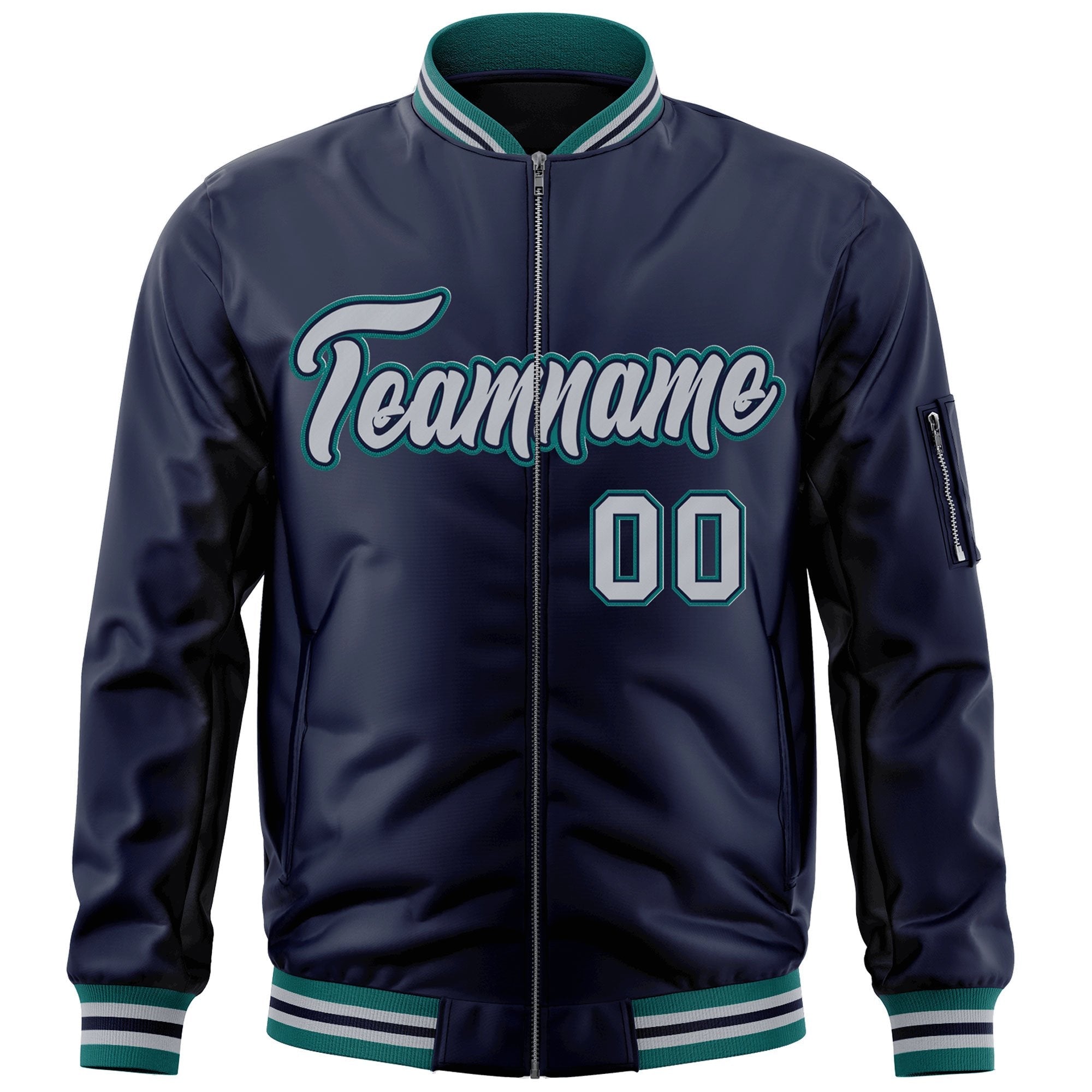 Custom Navy Gray-Aqua Varsity Full-Zip Letterman Bomber Jacket