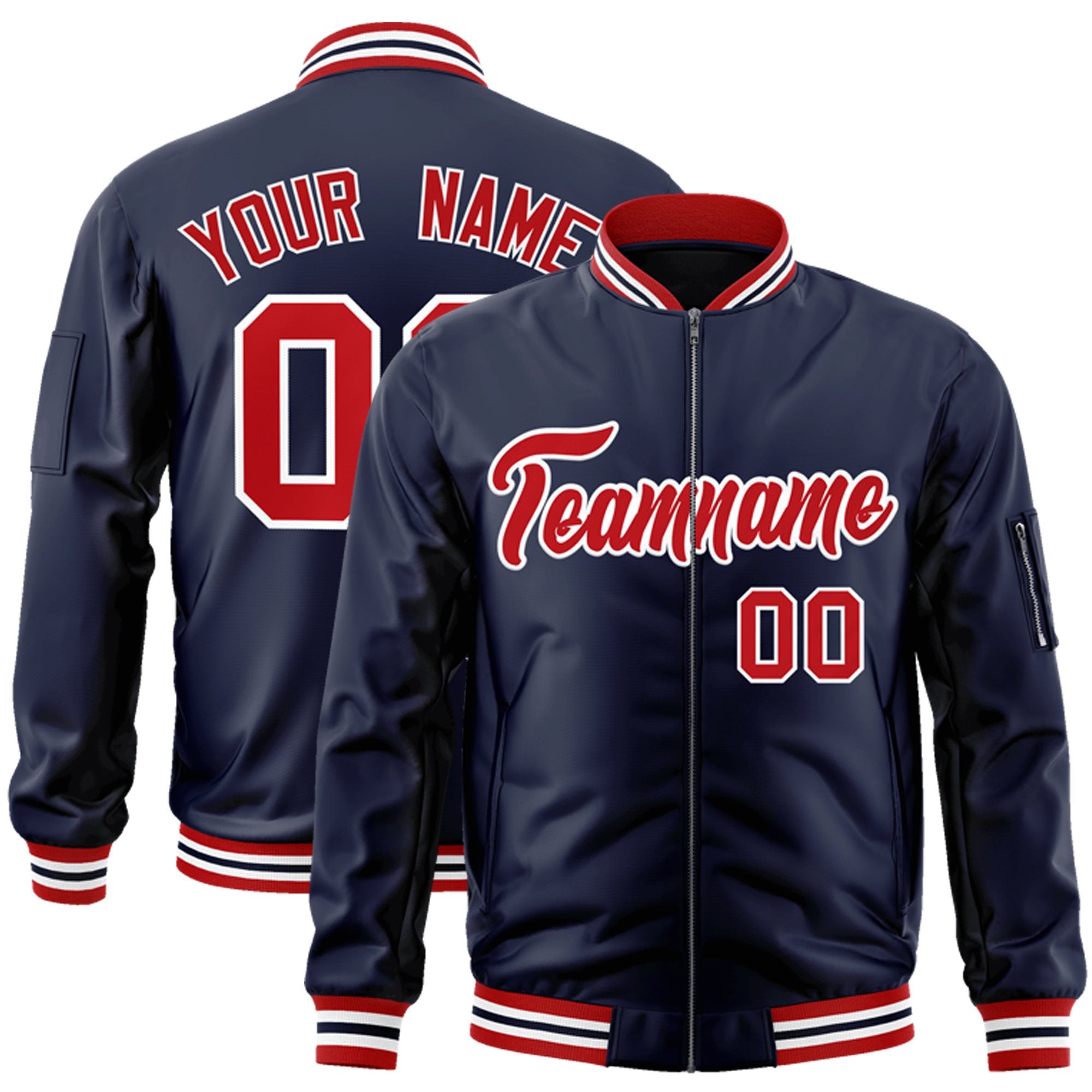 Custom Navy Red-White Varsity Full-Zip Letterman Bomber Jacket