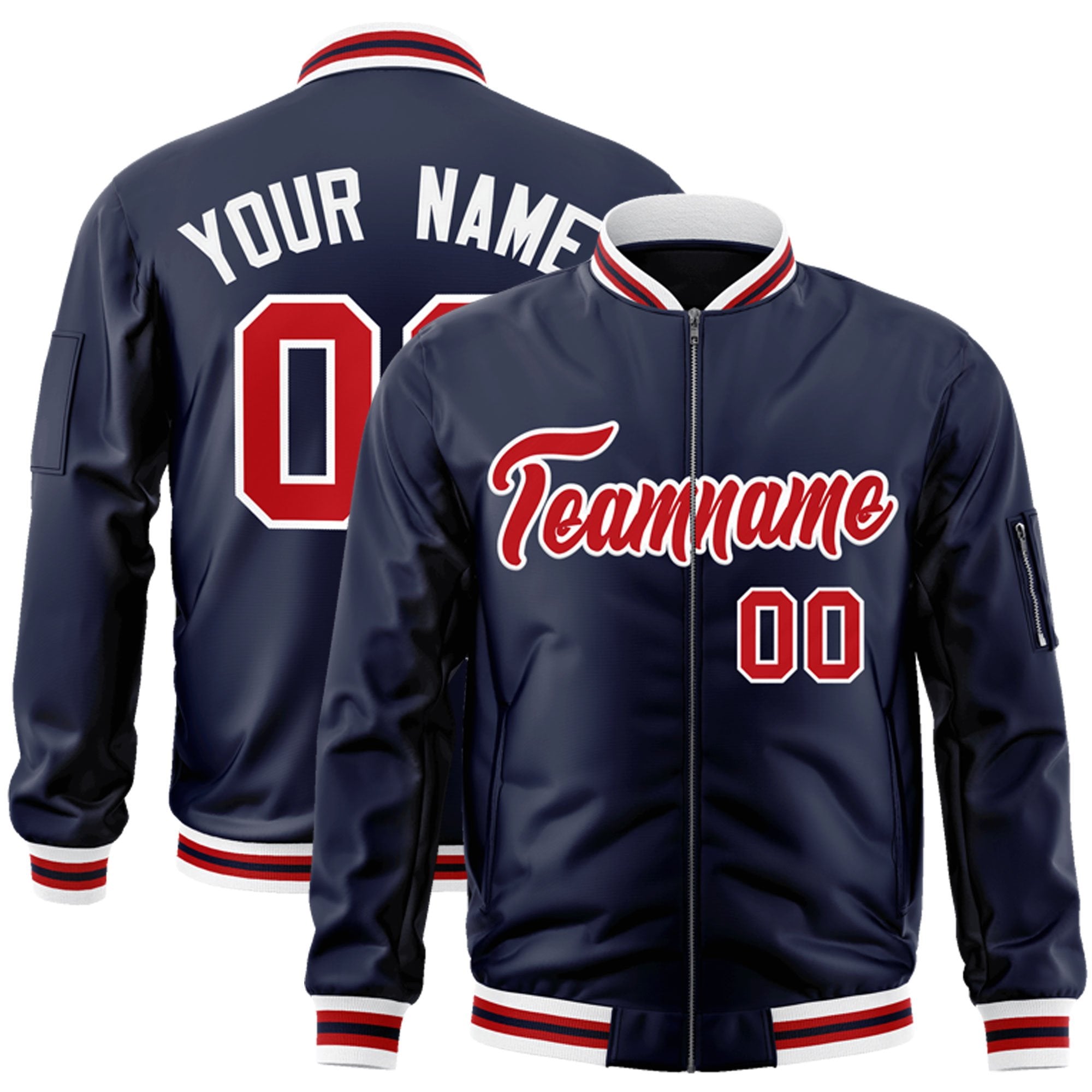 Custom Navy Red-White Varsity Full-Zip Letterman Bomber Jacket