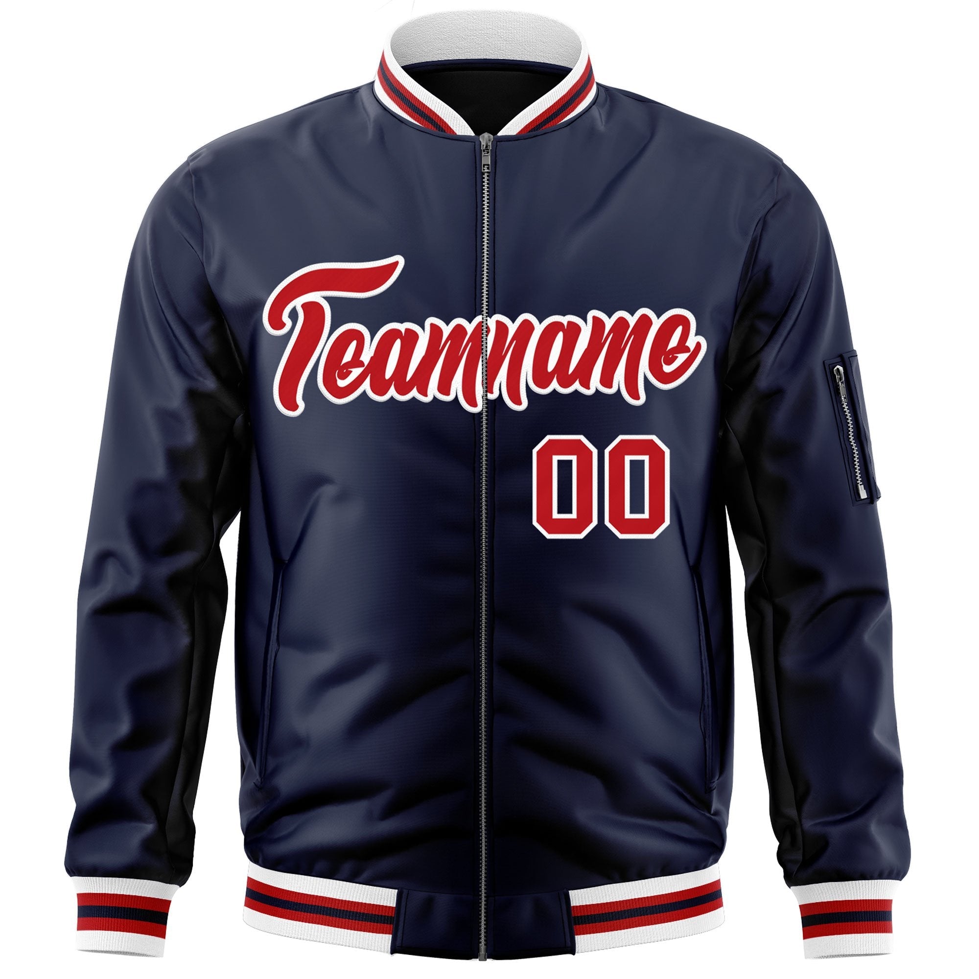 Custom Navy Red-White Varsity Full-Zip Letterman Bomber Jacket