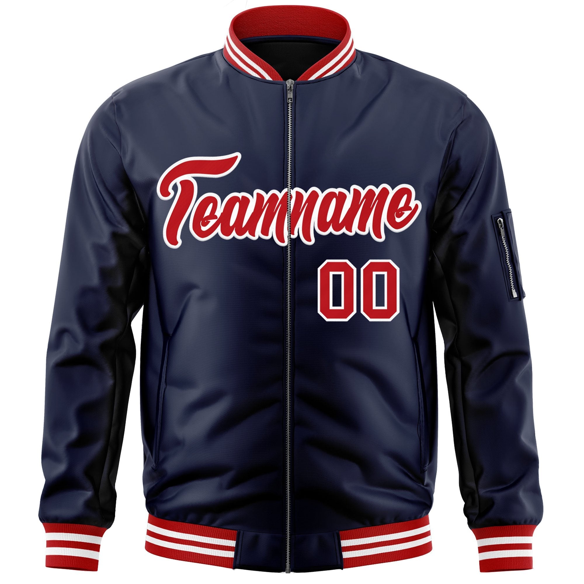 Custom Navy Red-White Varsity Full-Zip Letterman Bomber Jacket