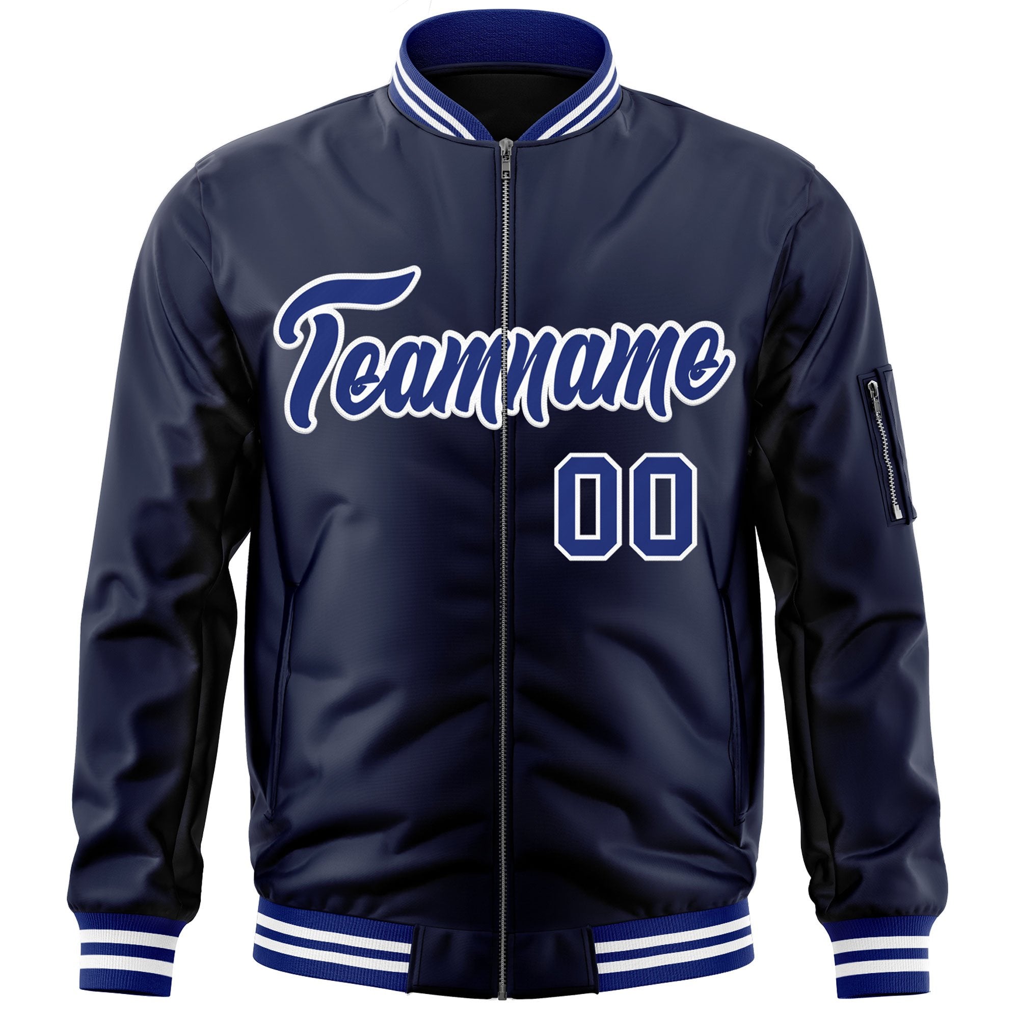 Custom Navy Royal-White Varsity Full-Zip Letterman Bomber Jacket