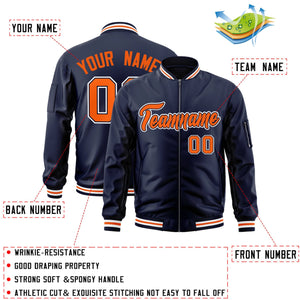 Custom Navy Orange-White Varsity Full-Zip Letterman Bomber Jacket