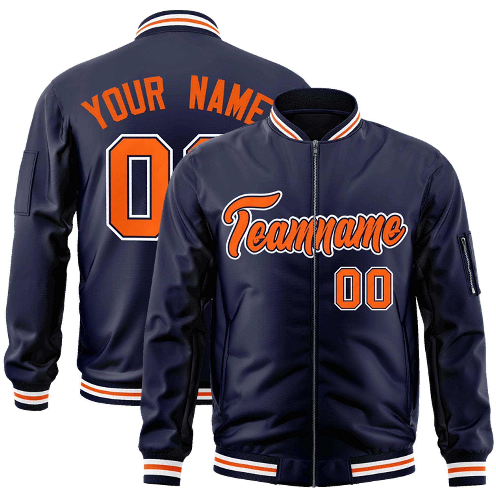 Custom Navy Orange-White Varsity Full-Zip Letterman Bomber Jacket