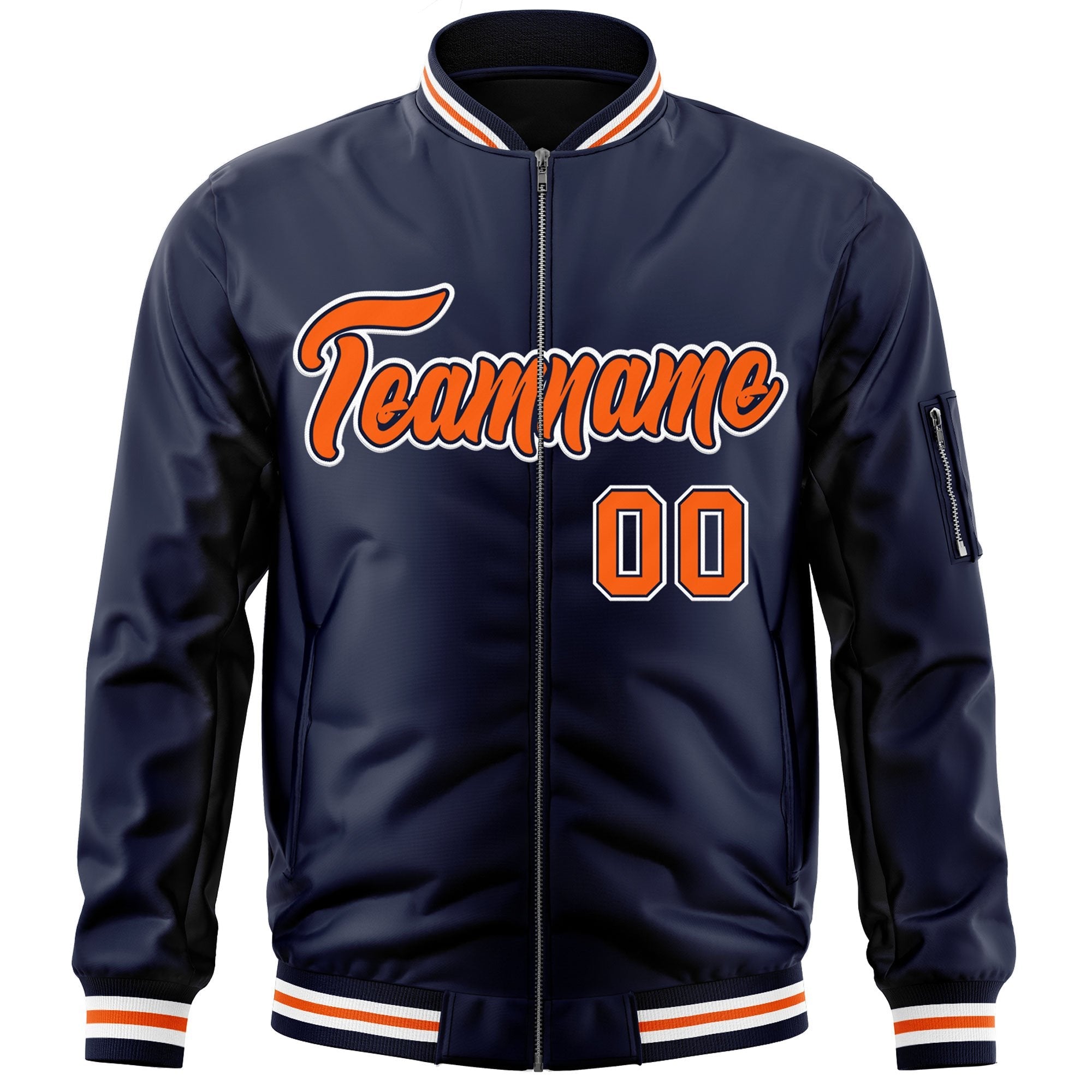 Custom Navy Orange-White Varsity Full-Zip Letterman Bomber Jacket