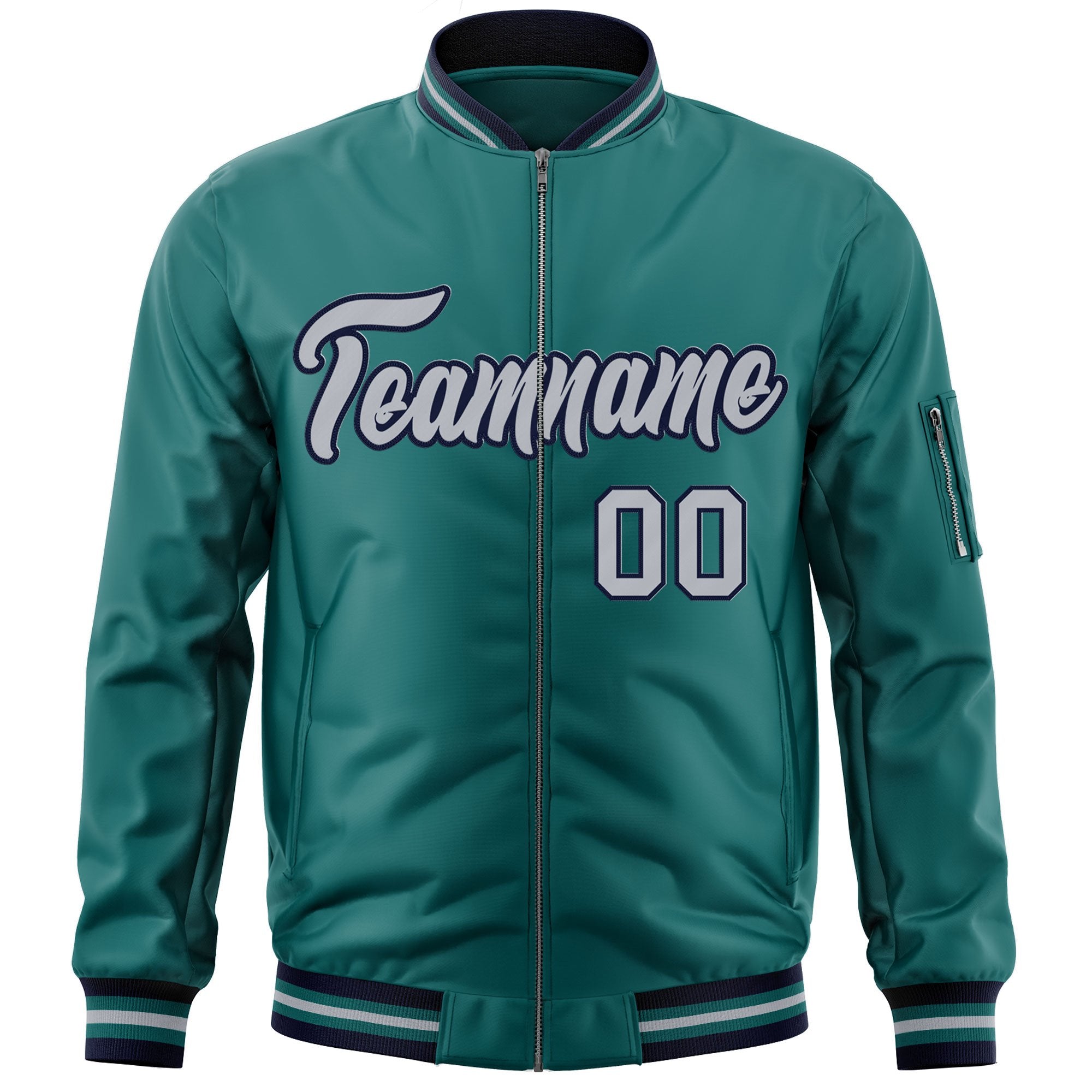 Custom Aqua Gray-Navy Varsity Full-Zip Letterman Bomber Jacket