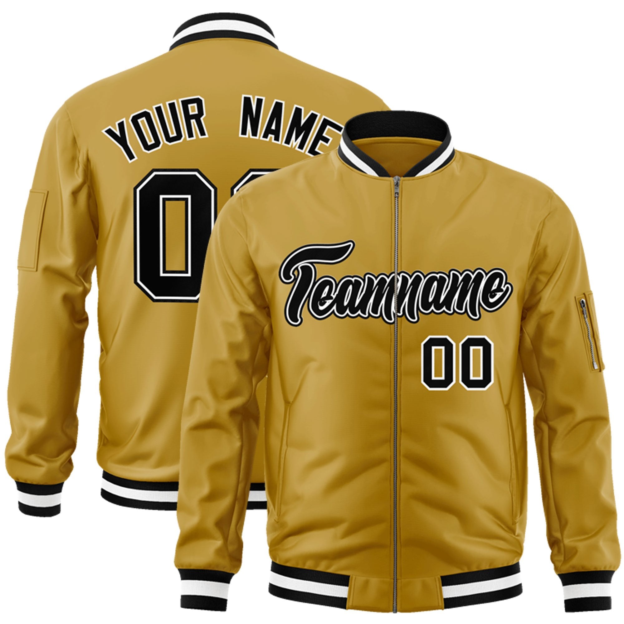 Custom Old Gold Black-White Varsity Full-Zip Letterman Bomber Jacket