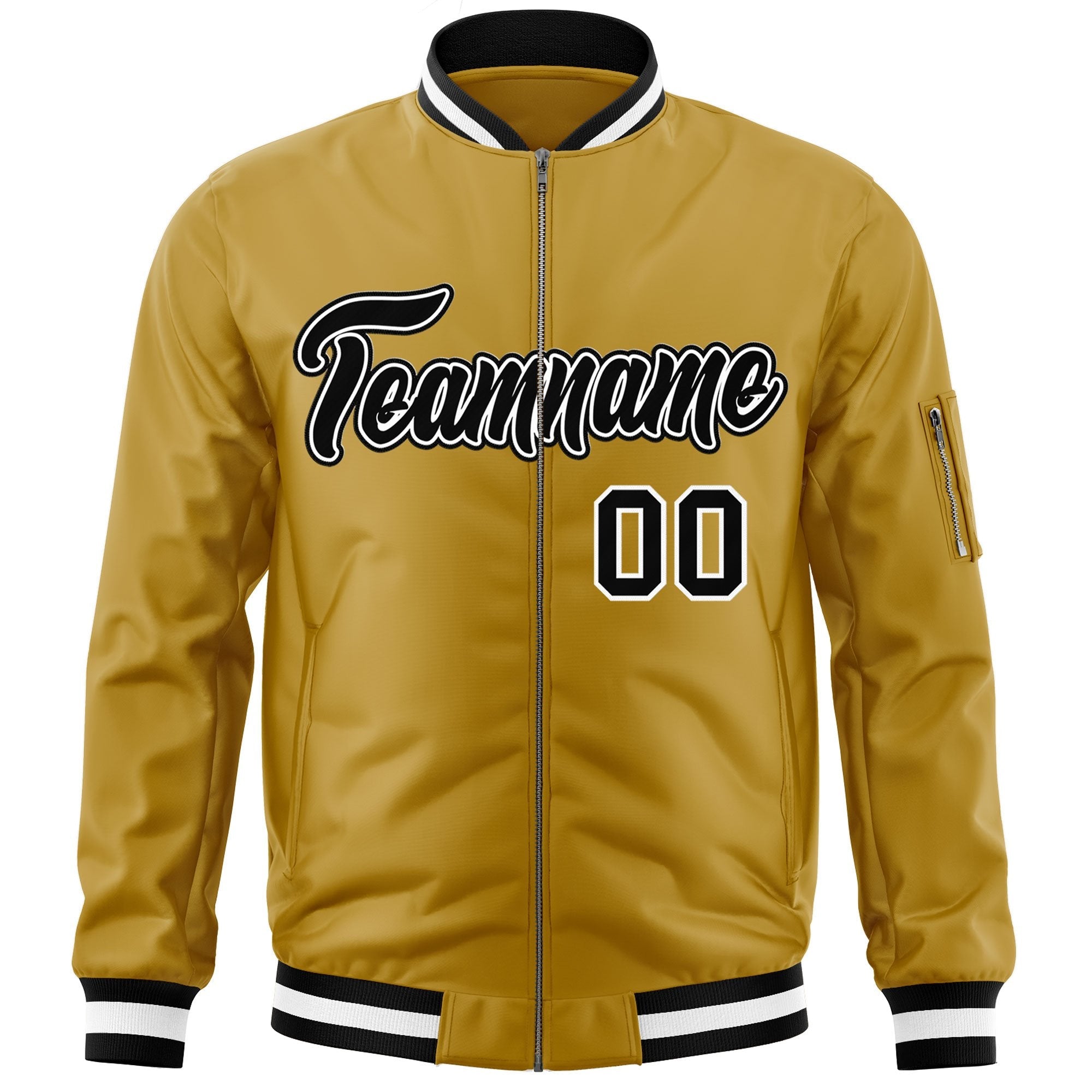 Custom Old Gold Black-White Varsity Full-Zip Letterman Bomber Jacket