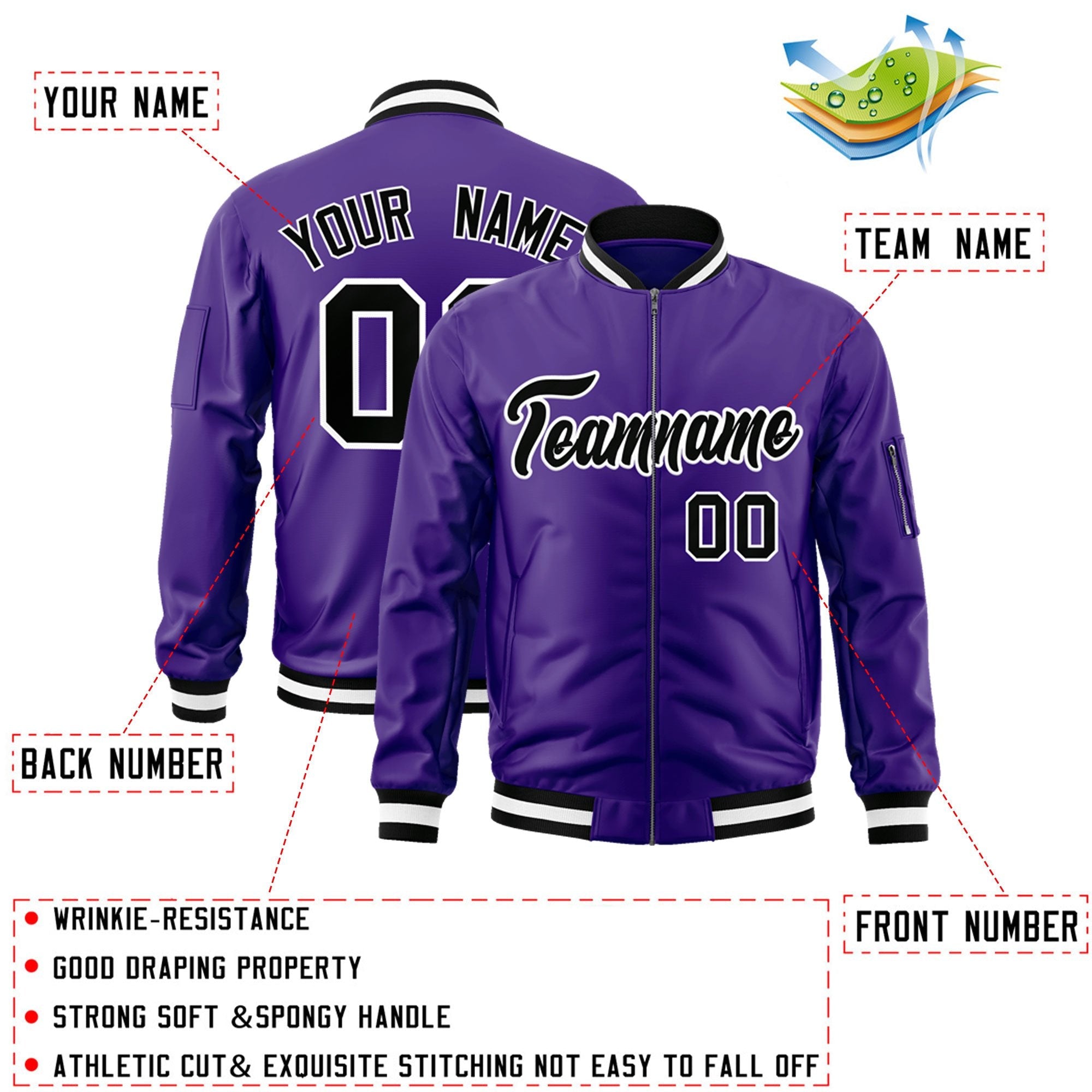 Custom Purple Black-White Varsity Full-Zip Letterman Bomber Jacket