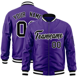 Custom Purple Black-White Varsity Full-Zip Letterman Bomber Jacket