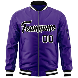 Custom Purple Black-White Varsity Full-Zip Letterman Bomber Jacket