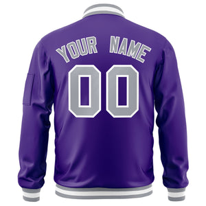 Custom Purple Gray-White Varsity Full-Zip Letterman Bomber Jacket