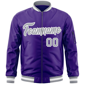 Custom Purple Gray-White Varsity Full-Zip Letterman Bomber Jacket