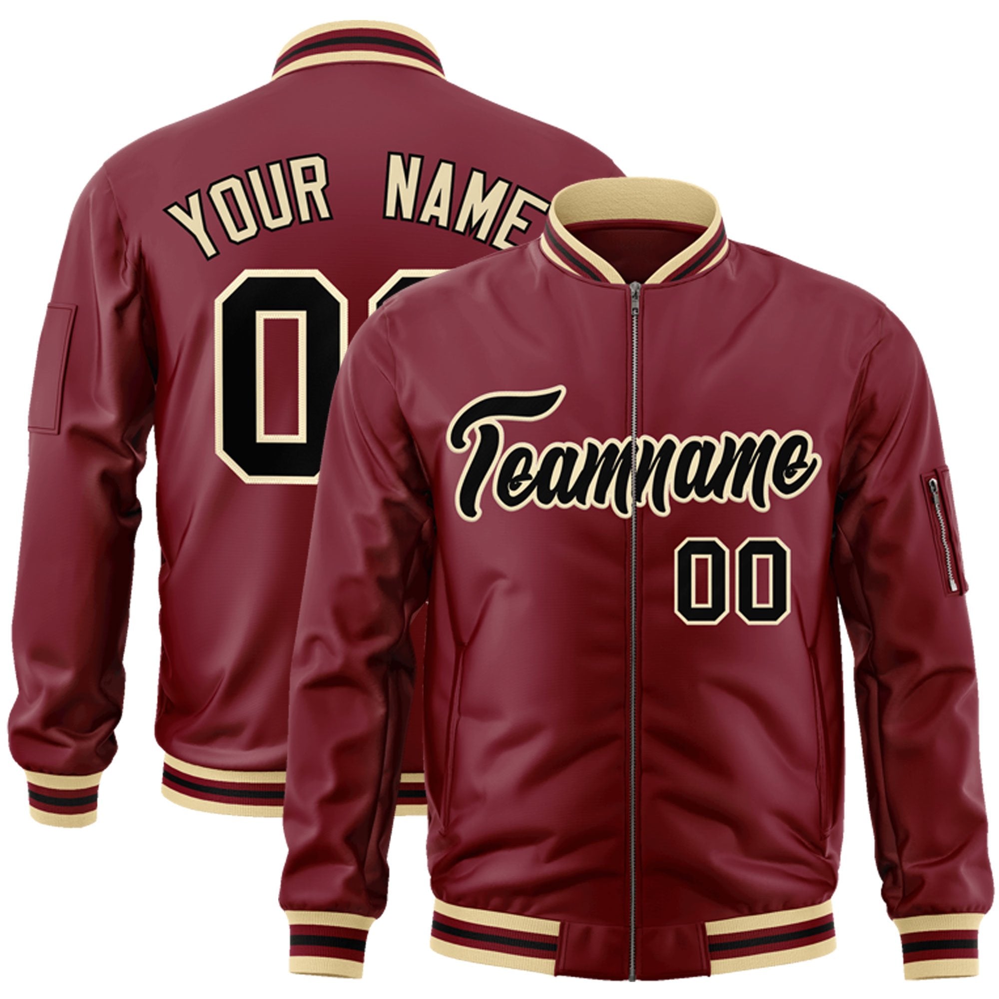 Custom Crimson Black-Khaki Varsity Full-Zip Letterman Bomber Jacket