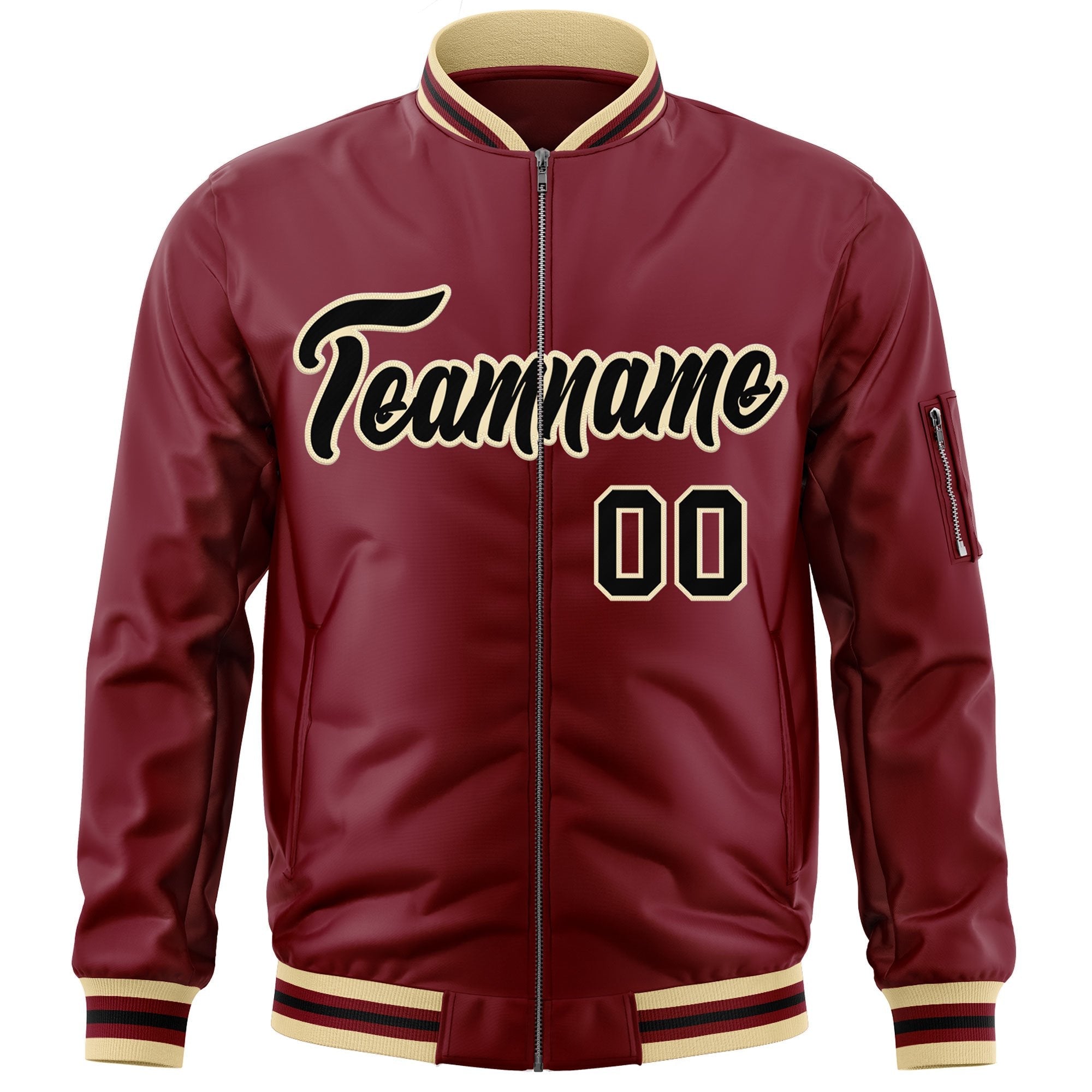 Custom Crimson Black-Khaki Varsity Full-Zip Letterman Bomber Jacket