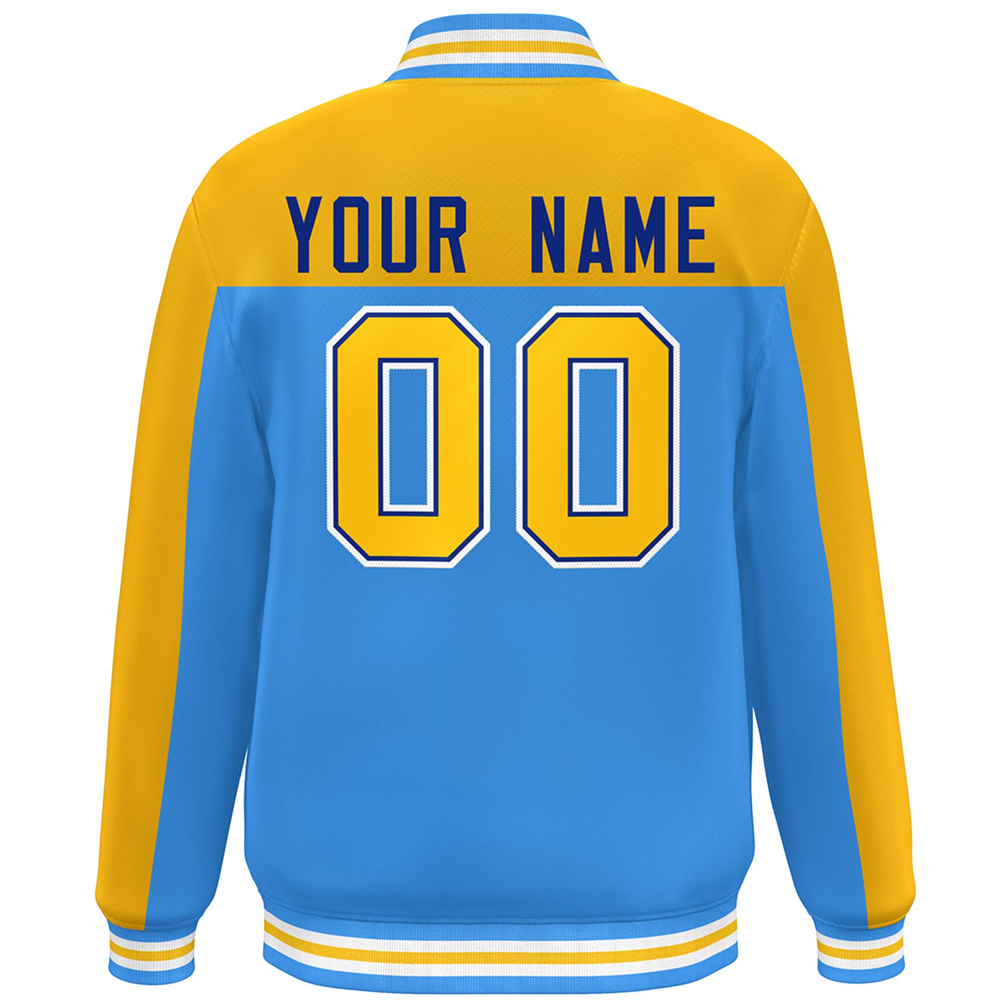 Custom Gold Powder Blue Color Block Varsity Full-Snap Bomber Jacket