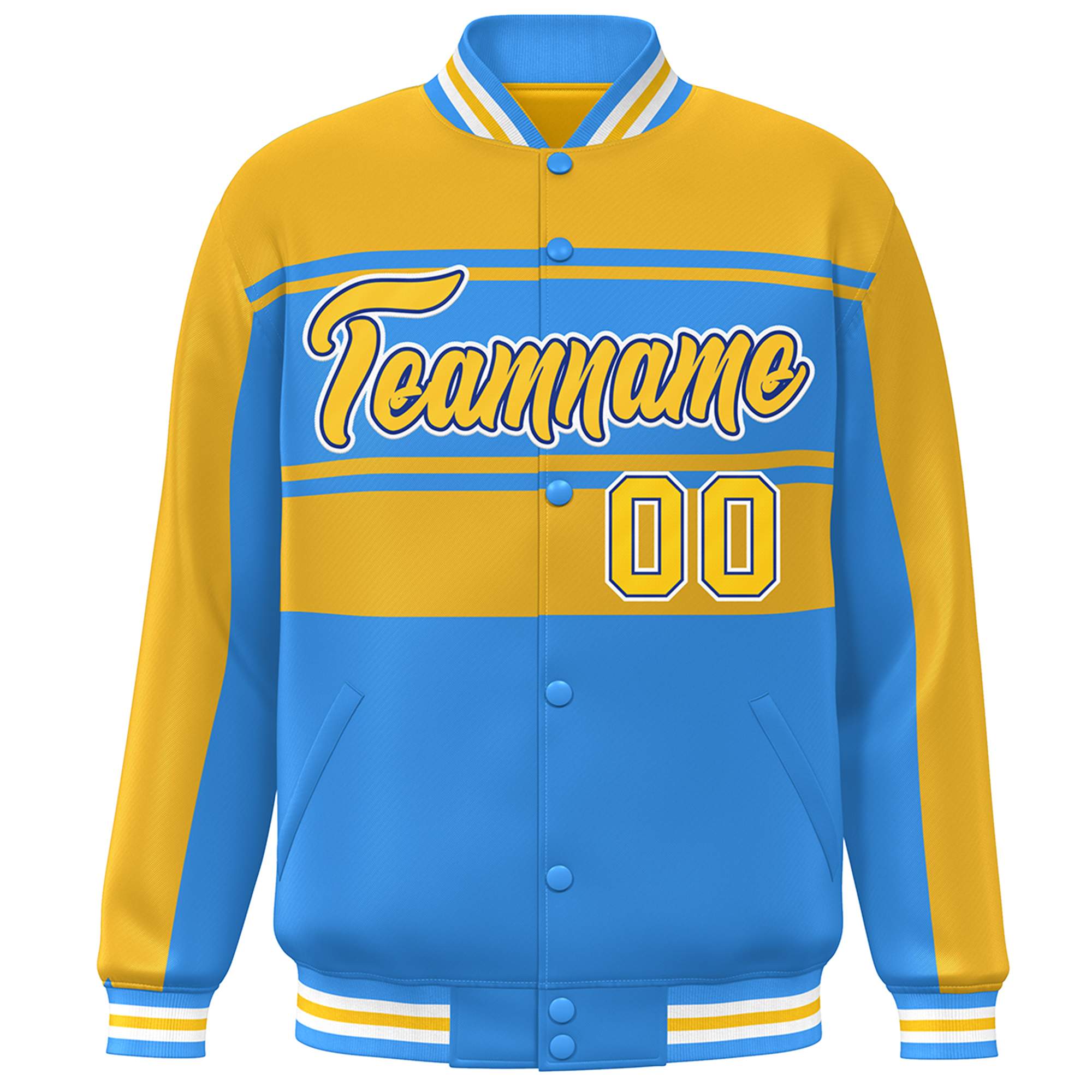 Custom Gold Powder Blue Color Block Varsity Full-Snap Bomber Jacket