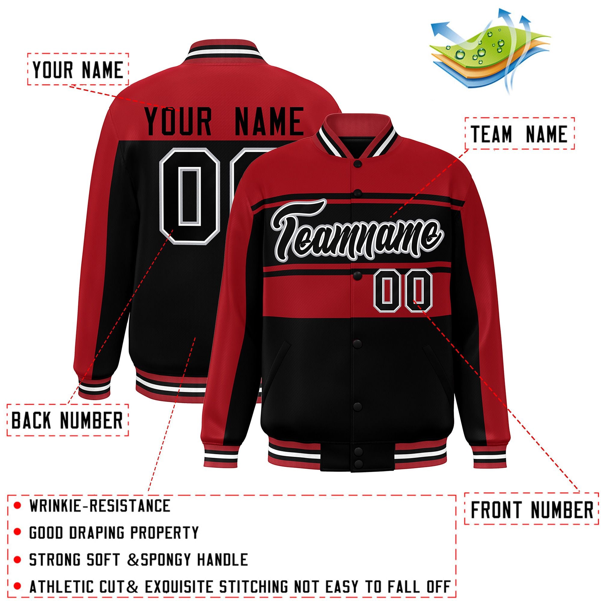 Custom Red Black Color Block Varsity Full-Snap Bomber Jacket