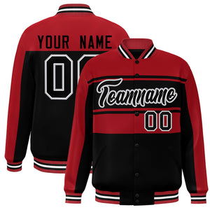 Custom Red Black Color Block Varsity Full-Snap Bomber Jacket