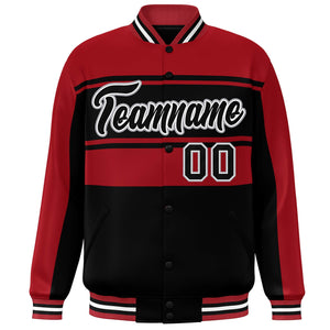 Custom Red Black Color Block Varsity Full-Snap Bomber Jacket