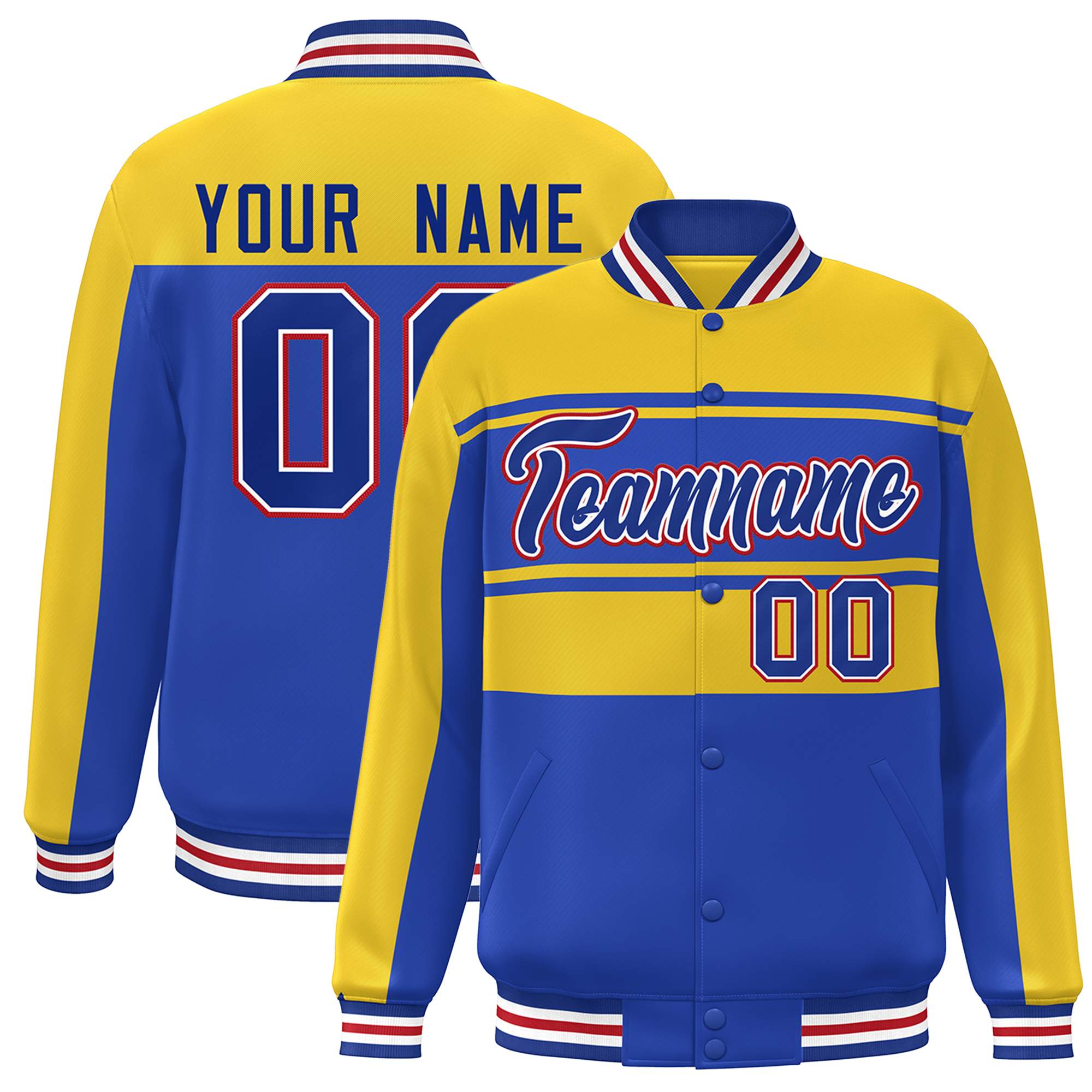 Blouson Bomber Varsity Full-Snap Custom Gold Royal Color Block