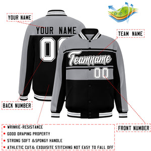 Custom Gray Black Color Block Varsity Full-Snap Bomber Jacket