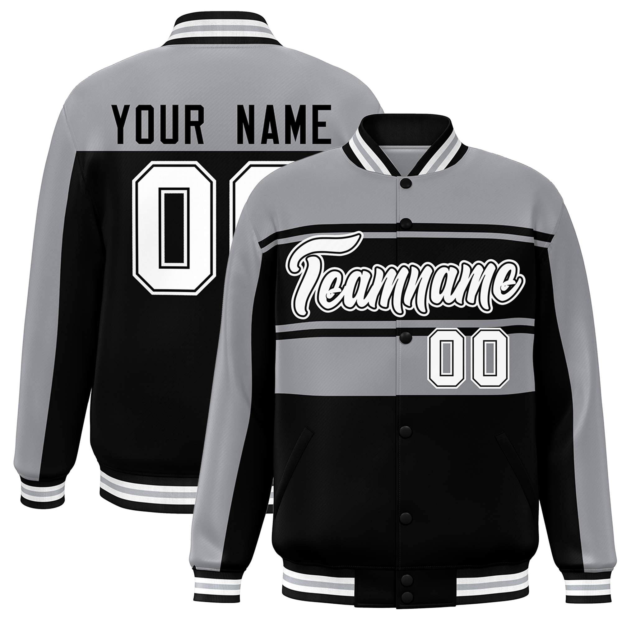 Custom Gray Black Color Block Varsity Full-Snap Bomber Jacket