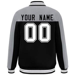 Custom Gray Black Color Block Varsity Full-Snap Bomber Jacket