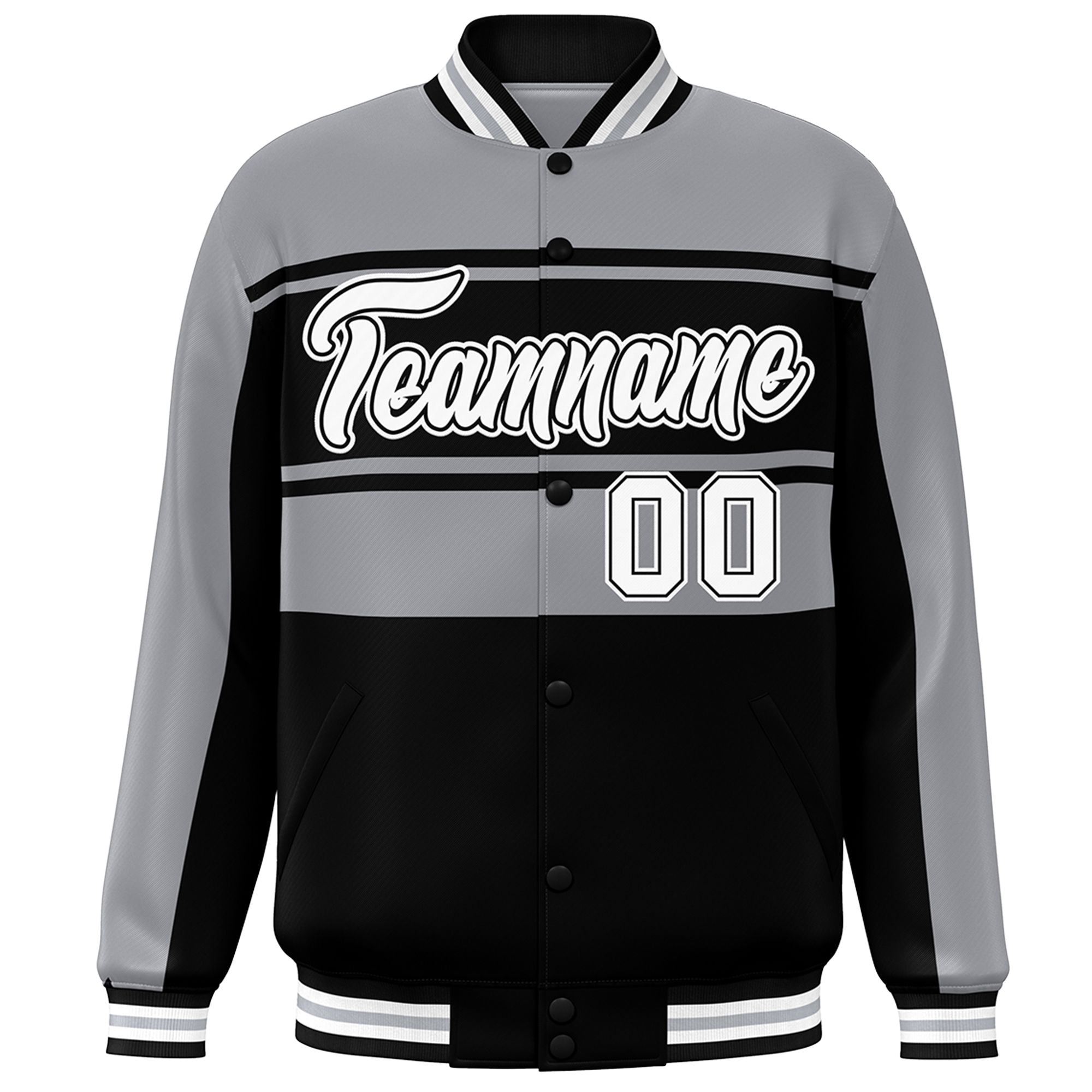 Custom Gray Black Color Block Varsity Full-Snap Bomber Jacket