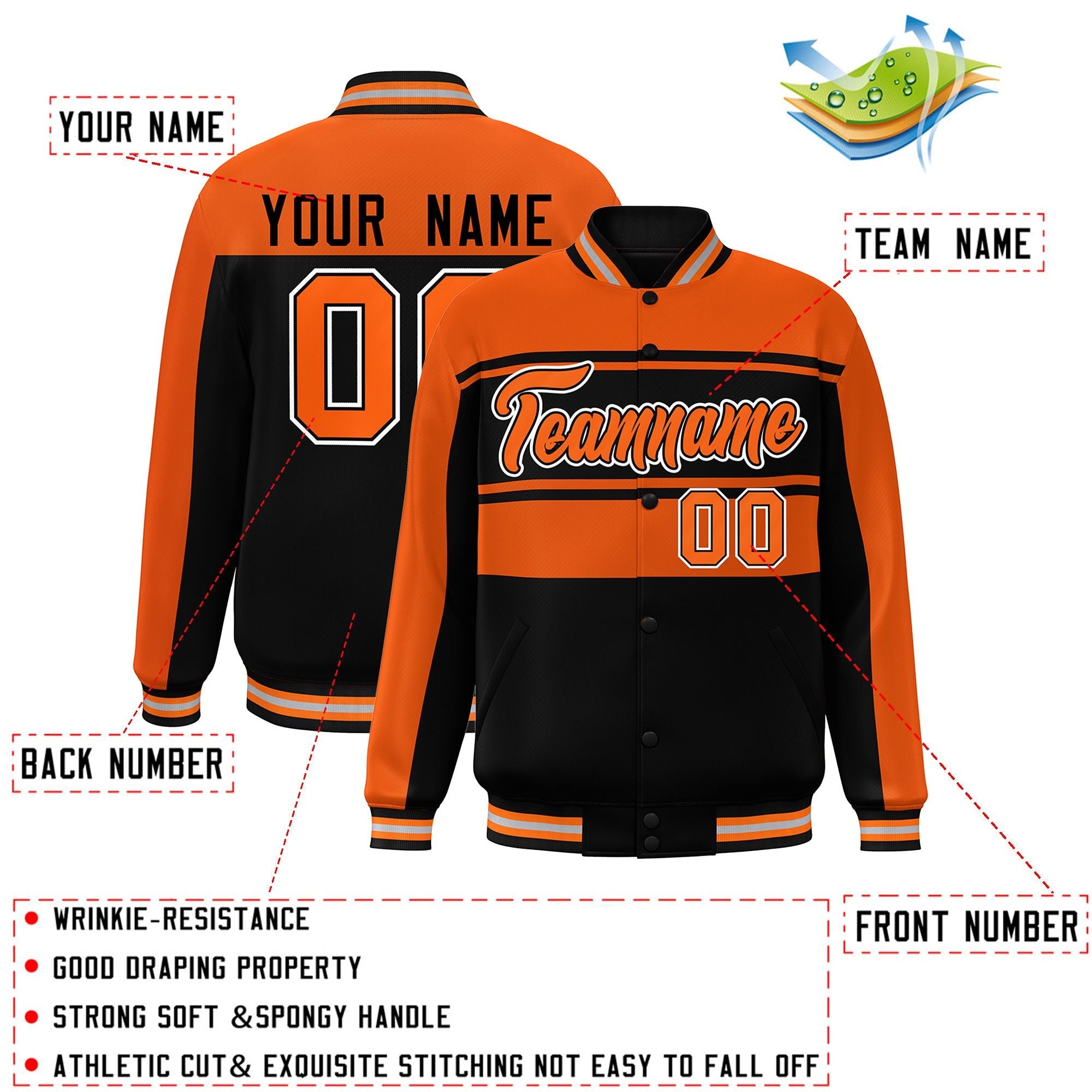 Custom Orange Black Color Block Varsity Full-Snap Bomber Jacket