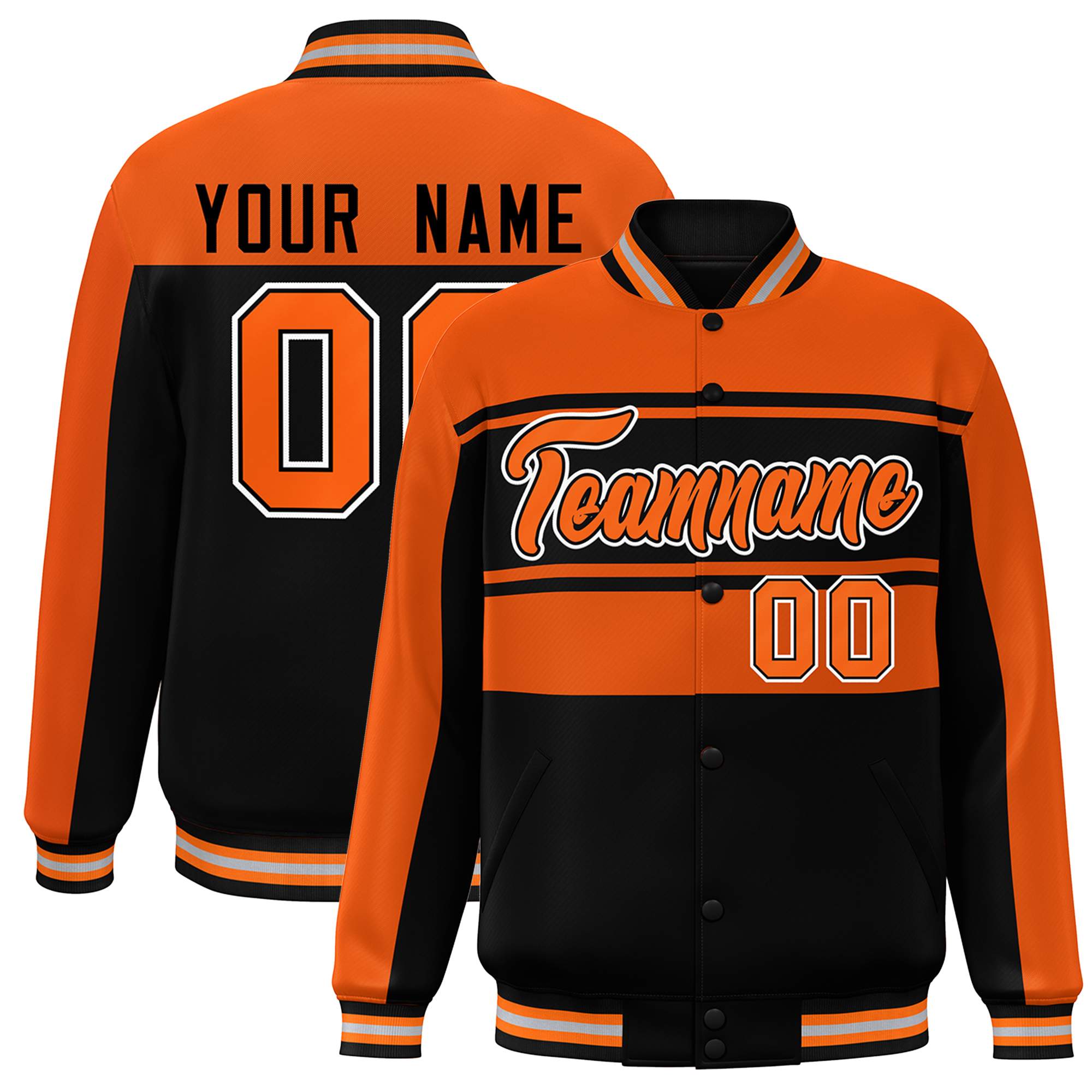 Custom Orange Black Color Block Varsity Full-Snap Bomber Jacket