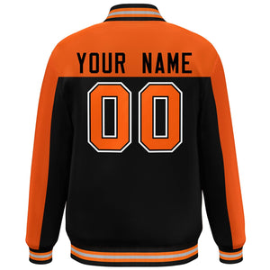 Custom Orange Black Color Block Varsity Full-Snap Bomber Jacket