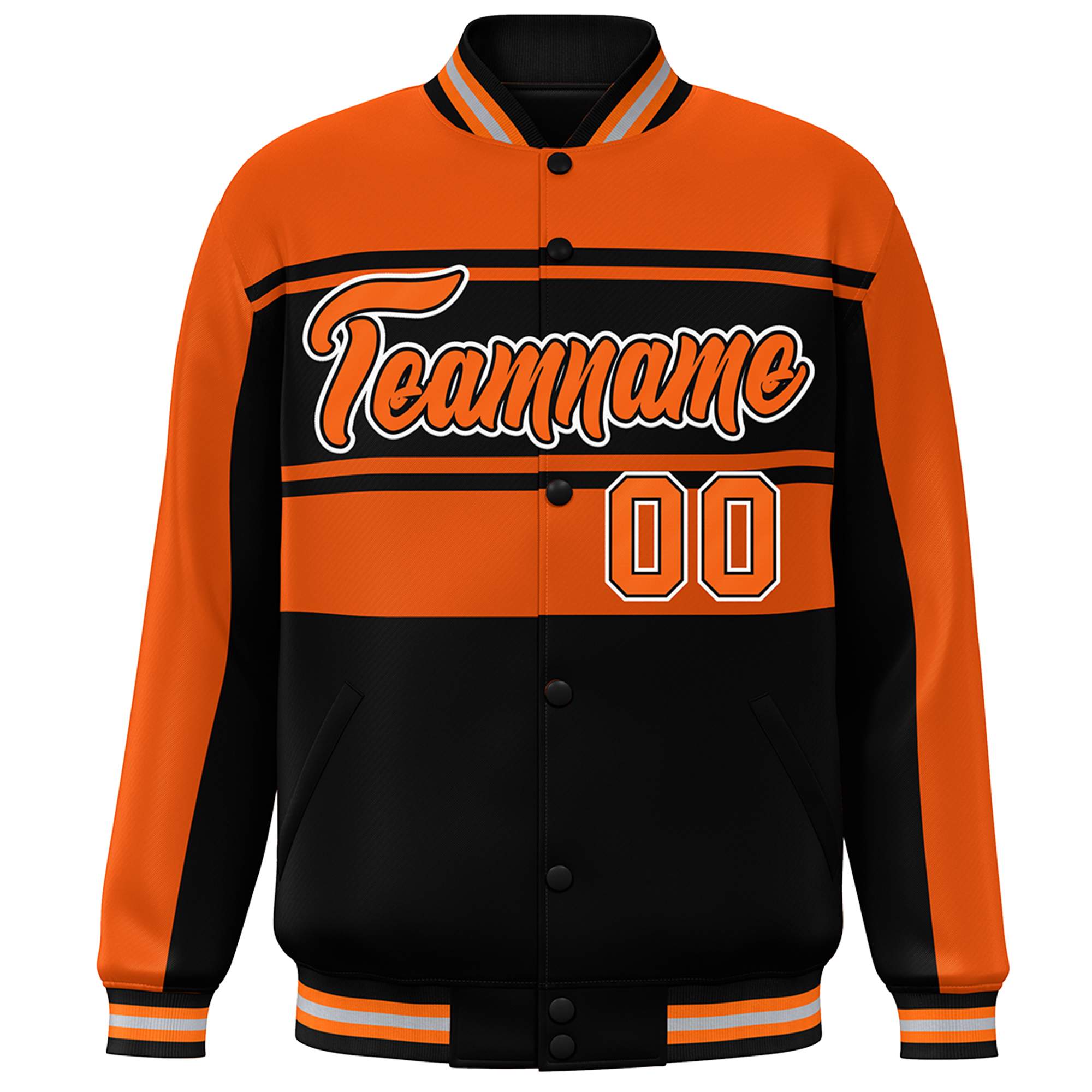 Custom Orange Black Color Block Varsity Full-Snap Bomber Jacket