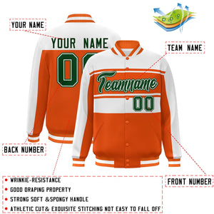 Custom Orange White-Green Color Block Varsity Full-Snap Bomber Jacket