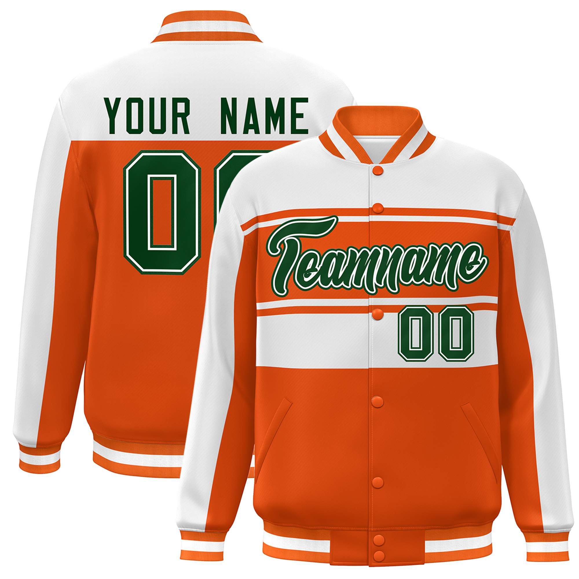 Custom Orange White-Green Color Block Varsity Full-Snap Bomber Jacket