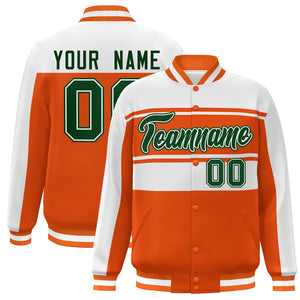 Custom Orange White-Green Color Block Varsity Full-Snap Bomber Jacket