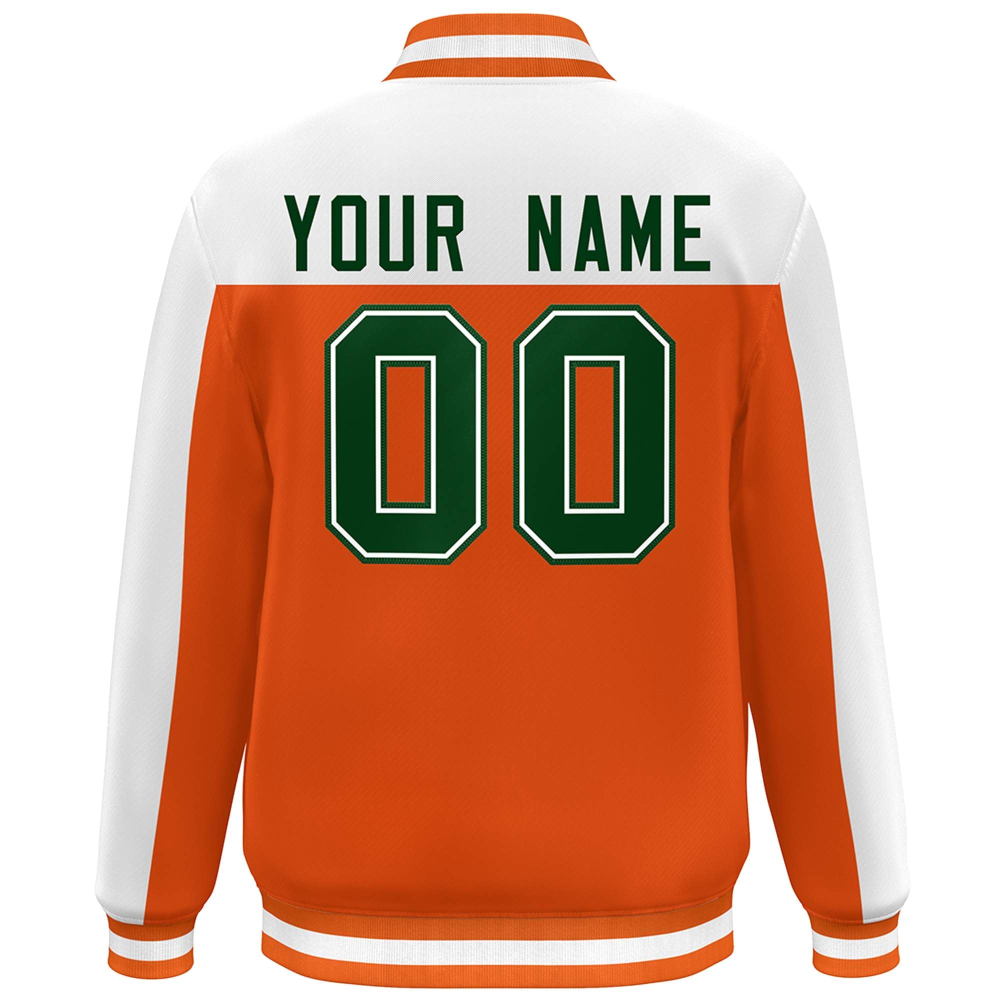 Custom Orange White-Green Color Block Varsity Full-Snap Bomber Jacket