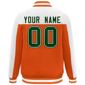 Custom Orange White-Green Color Block Varsity Full-Snap Bomber Jacket