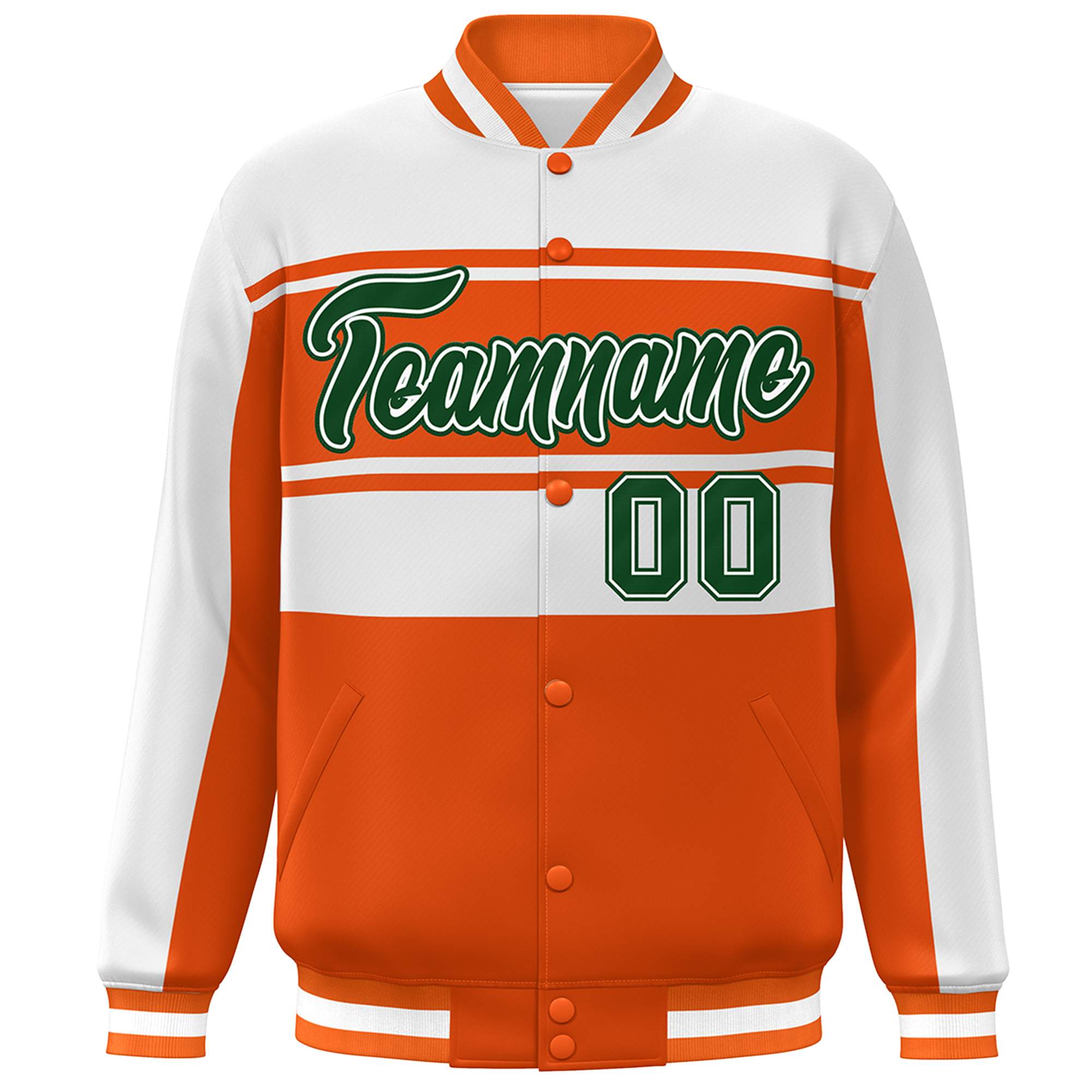 Custom Orange White-Green Color Block Varsity Full-Snap Bomber Jacket