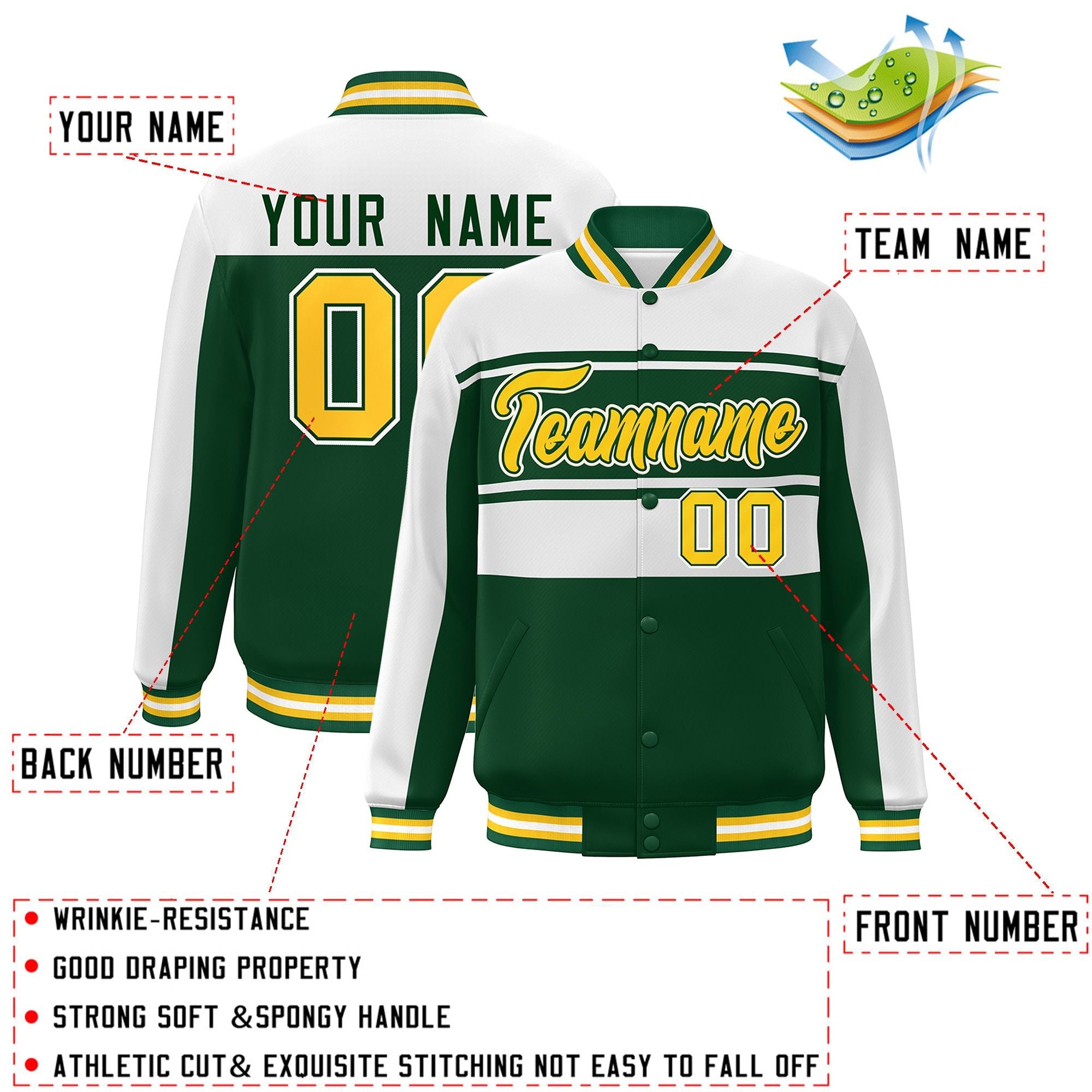 Custom White Green-Gold Color Block Varsity Full-Snap Bomber Jacket