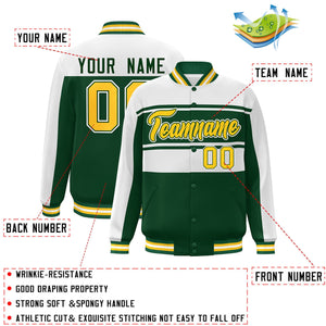 Custom White Green-Gold Color Block Varsity Full-Snap Bomber Jacket